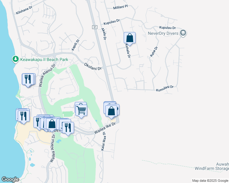 map of restaurants, bars, coffee shops, grocery stores, and more near 3546 Akala Drive in Kihei