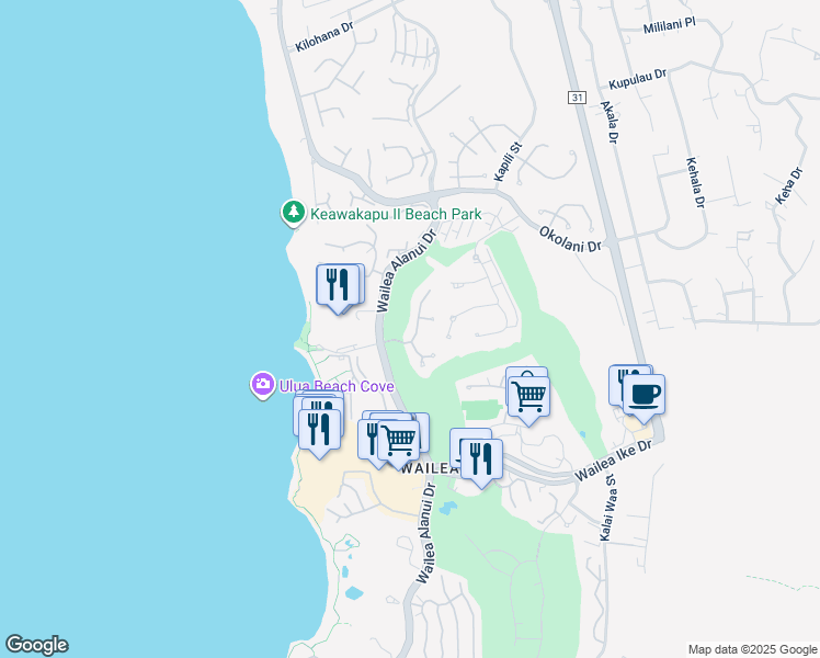 map of restaurants, bars, coffee shops, grocery stores, and more near 55 Hale Alii Place in Kihei