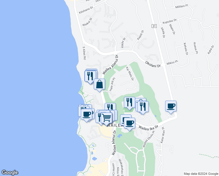 map of restaurants, bars, coffee shops, grocery stores, and more near 55 Hale Alii Place in Kihei