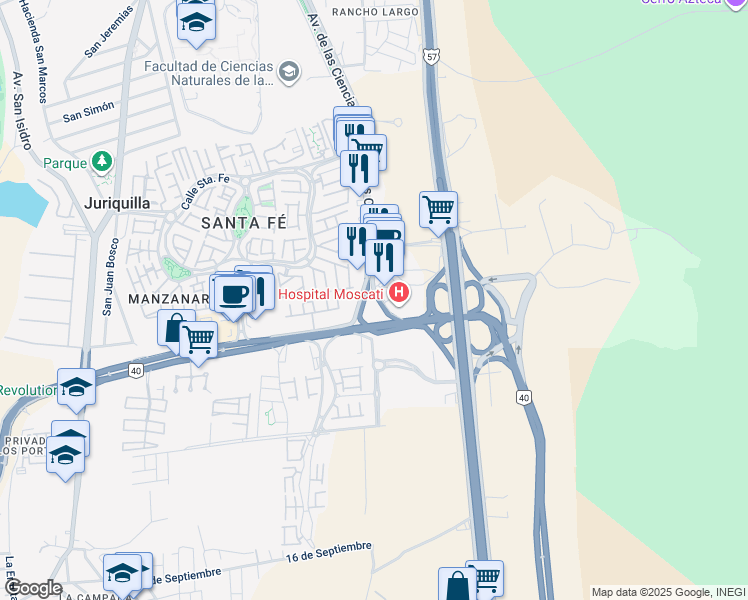 map of restaurants, bars, coffee shops, grocery stores, and more near in Juriquilla