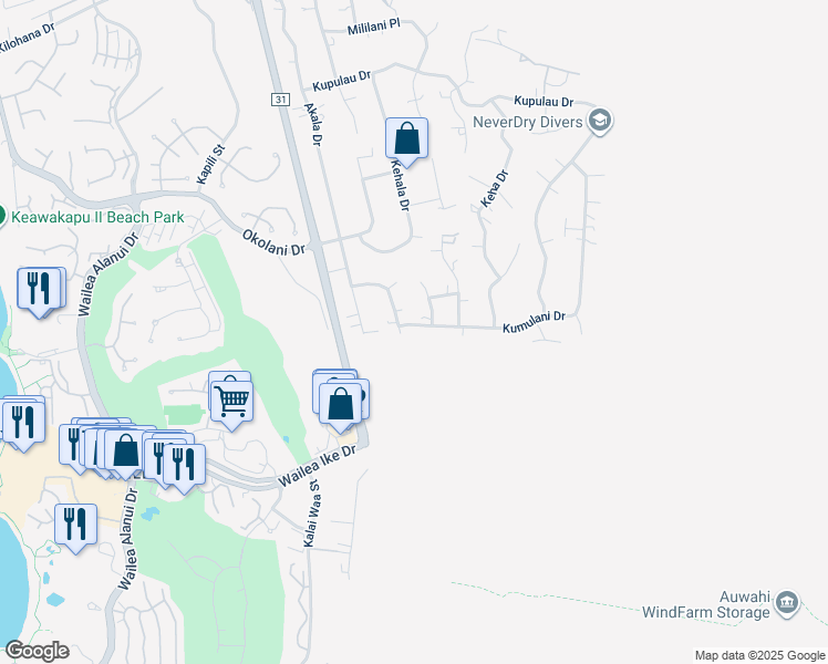 map of restaurants, bars, coffee shops, grocery stores, and more near 494 Kumulani Drive in Kihei