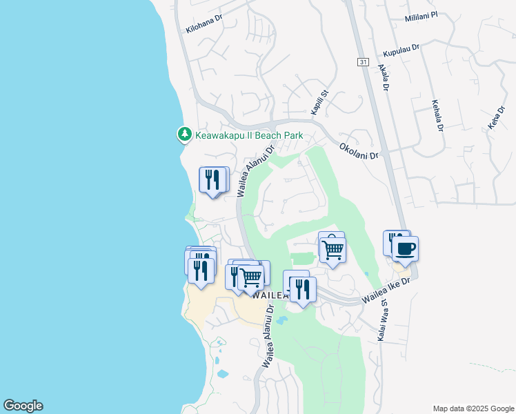map of restaurants, bars, coffee shops, grocery stores, and more near 55 Hale Alii Place in Kihei