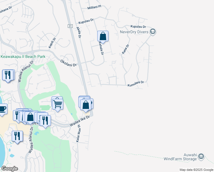 map of restaurants, bars, coffee shops, grocery stores, and more near 506 Kumulani Drive in Kihei