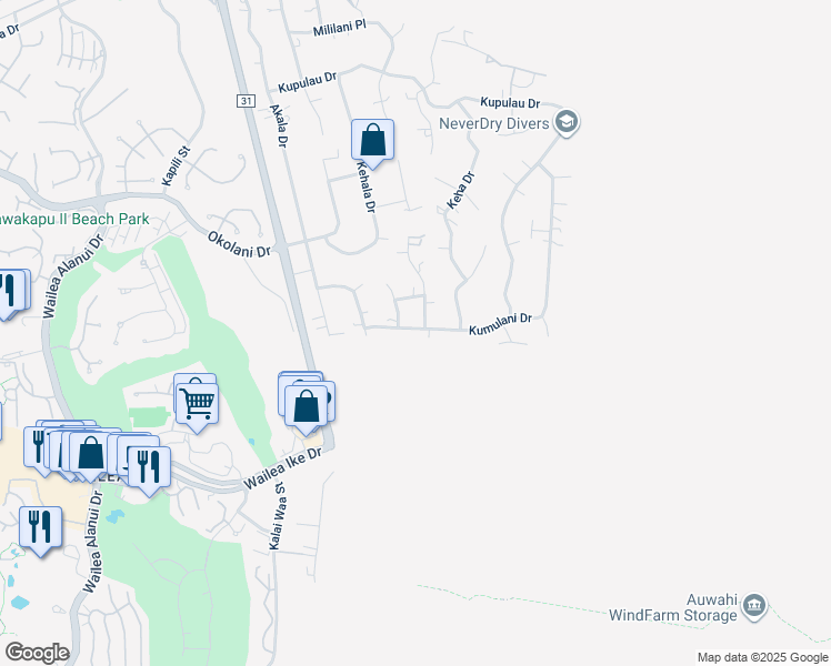 map of restaurants, bars, coffee shops, grocery stores, and more near 540 Kumulani Drive in Kihei