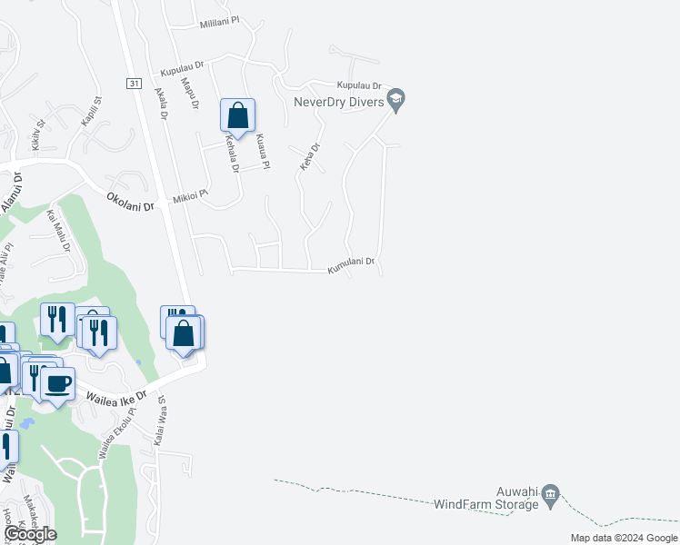 map of restaurants, bars, coffee shops, grocery stores, and more near 672 Kumulani Drive in Kihei