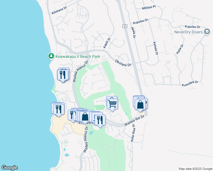 map of restaurants, bars, coffee shops, grocery stores, and more near 388 Kai Malu Drive in Kihei