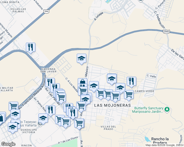 map of restaurants, bars, coffee shops, grocery stores, and more near 112 Valle del Mar in Puerto Vallarta