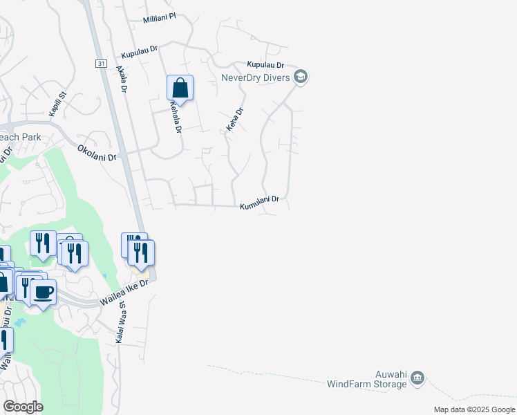 map of restaurants, bars, coffee shops, grocery stores, and more near 672 Kumulani Drive in Kihei