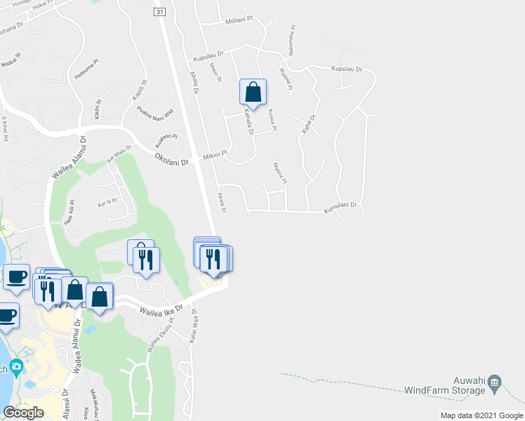 map of restaurants, bars, coffee shops, grocery stores, and more near 504 Kumulani Drive in Kihei