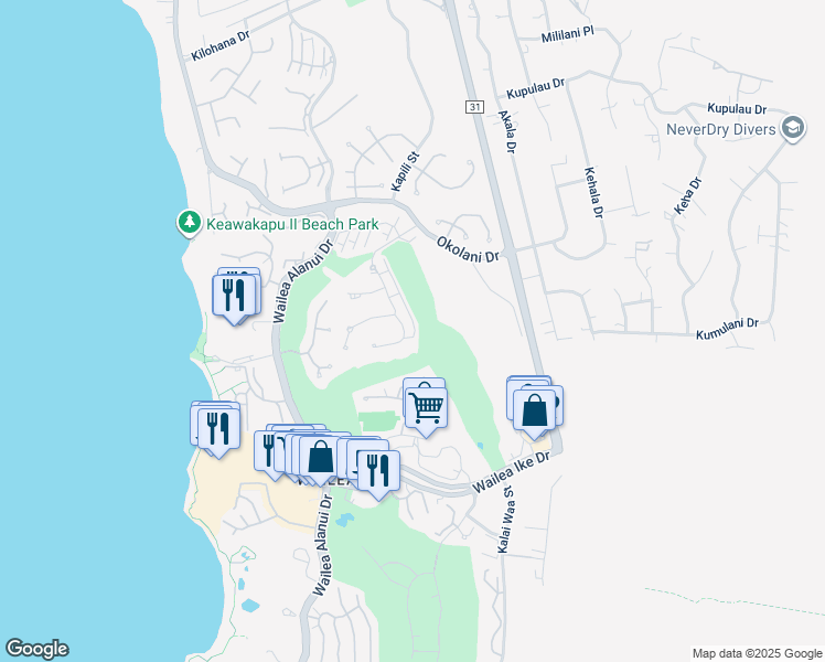 map of restaurants, bars, coffee shops, grocery stores, and more near 180 Kainui Loop in Wailea-Makena