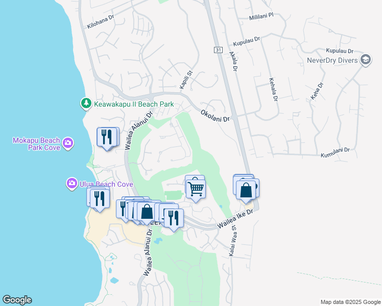 map of restaurants, bars, coffee shops, grocery stores, and more near 180 Kainui Loop in Wailea-Makena