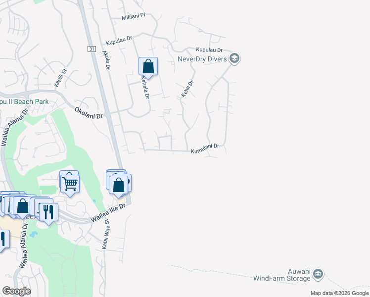 map of restaurants, bars, coffee shops, grocery stores, and more near 595 Kumulani Drive in Kihei