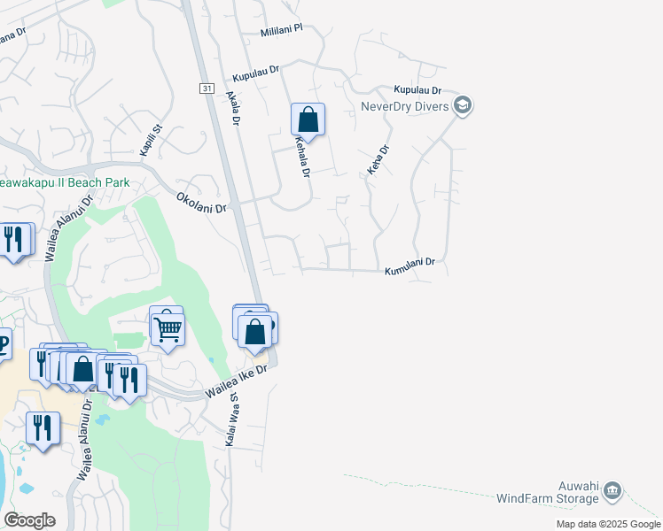 map of restaurants, bars, coffee shops, grocery stores, and more near 525 Kumulani Drive in Kihei