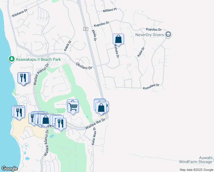map of restaurants, bars, coffee shops, grocery stores, and more near 3535 Akala Drive in Kihei