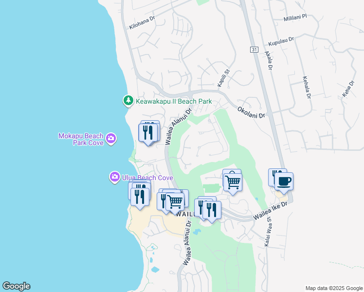 map of restaurants, bars, coffee shops, grocery stores, and more near 75 Hale Alii Place in Kihei