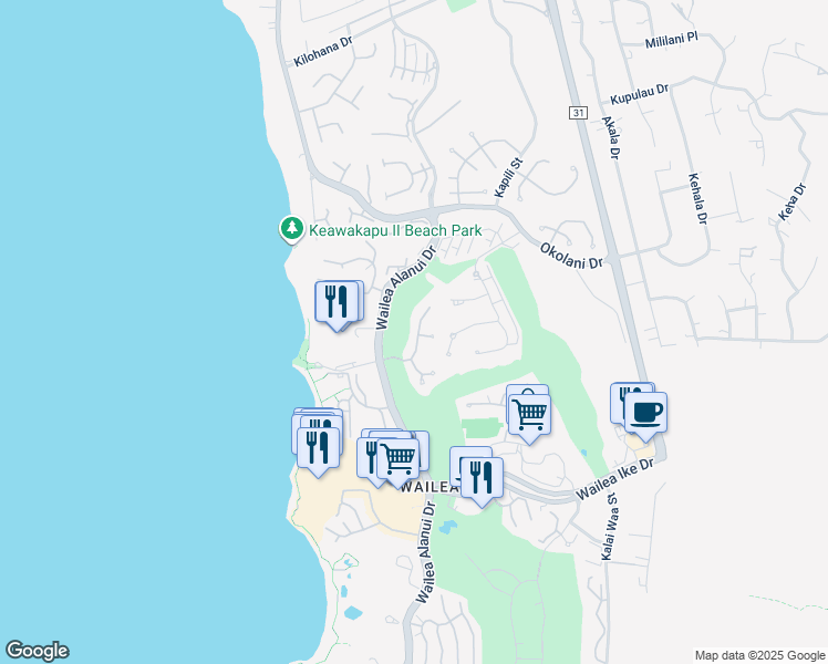 map of restaurants, bars, coffee shops, grocery stores, and more near 75 Hale Alii Place in Kihei