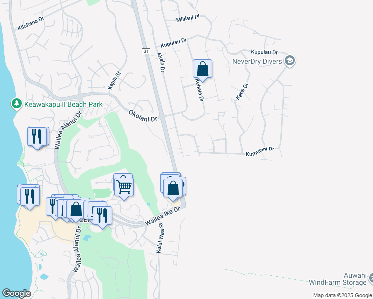 map of restaurants, bars, coffee shops, grocery stores, and more near 3535 Akala Drive in Kihei