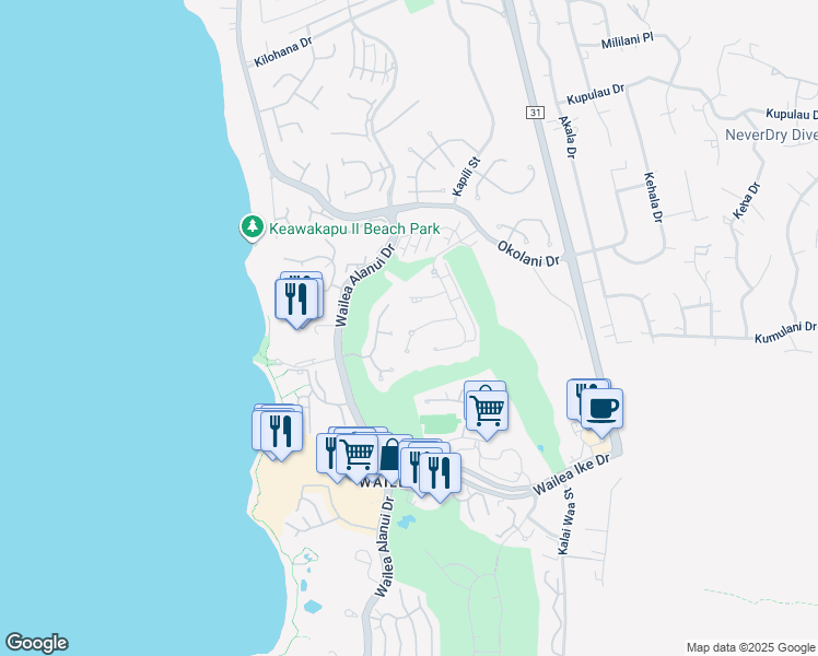 map of restaurants, bars, coffee shops, grocery stores, and more near 104 Kai la Place in Kihei