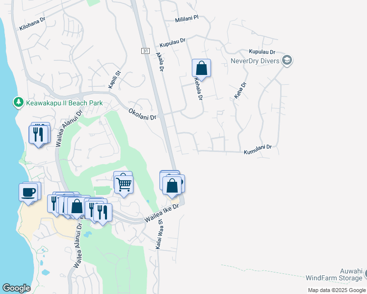 map of restaurants, bars, coffee shops, grocery stores, and more near 3525 Akala Drive in Kihei