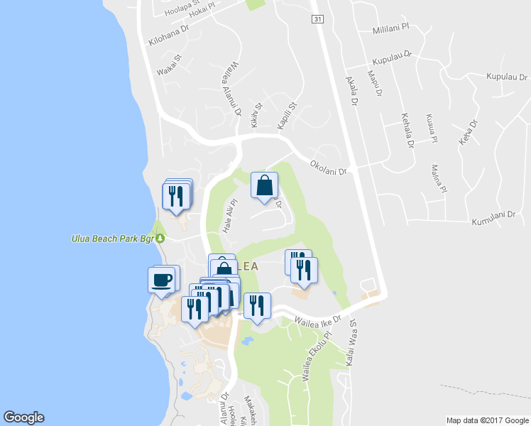 map of restaurants, bars, coffee shops, grocery stores, and more near 52 Kai la Place in Kihei