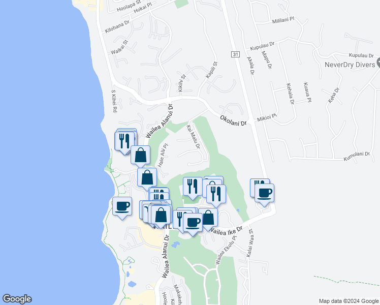 map of restaurants, bars, coffee shops, grocery stores, and more near 52 Kainui Loop in Kihei