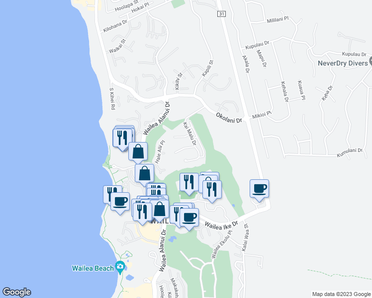 map of restaurants, bars, coffee shops, grocery stores, and more near 14 Kainui Loop in Kihei