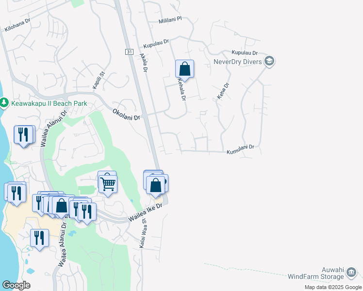 map of restaurants, bars, coffee shops, grocery stores, and more near 495 Hoala Drive in Kihei