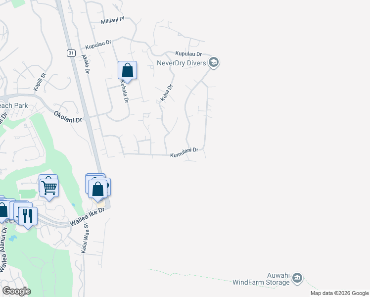 map of restaurants, bars, coffee shops, grocery stores, and more near 672 Kumulani Drive in Kihei