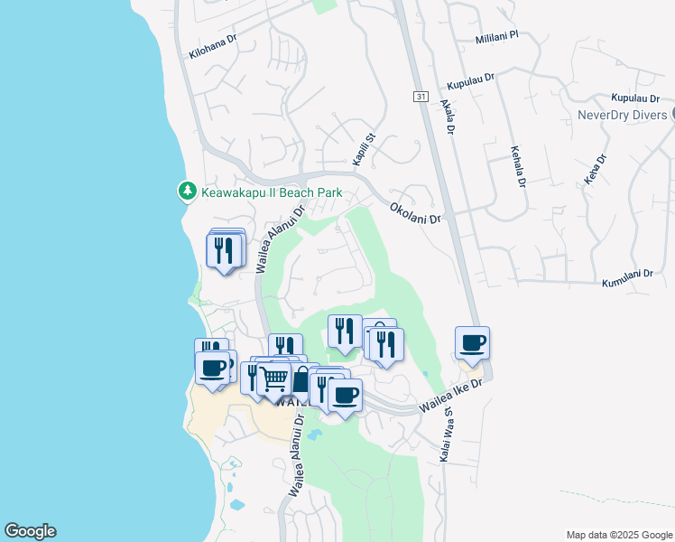 map of restaurants, bars, coffee shops, grocery stores, and more near 20 Kainui Loop in Kihei