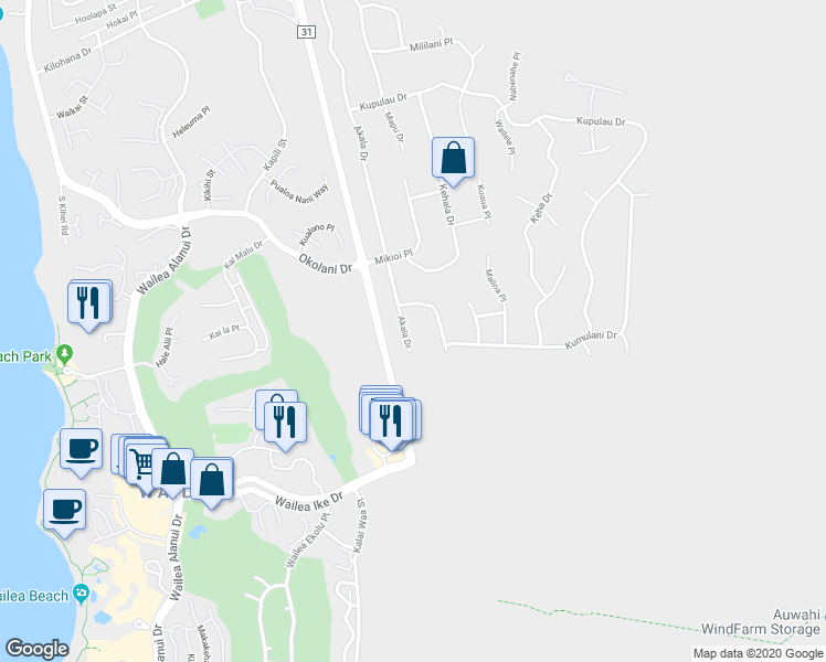 map of restaurants, bars, coffee shops, grocery stores, and more near 3525 Akala Drive in Kihei