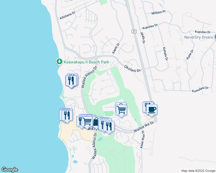 map of restaurants, bars, coffee shops, grocery stores, and more near 205 Kainui Loop in Kihei