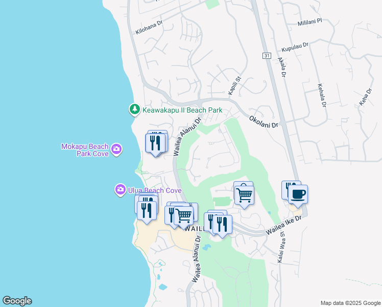 map of restaurants, bars, coffee shops, grocery stores, and more near 85 Hale Alii Place in Kihei
