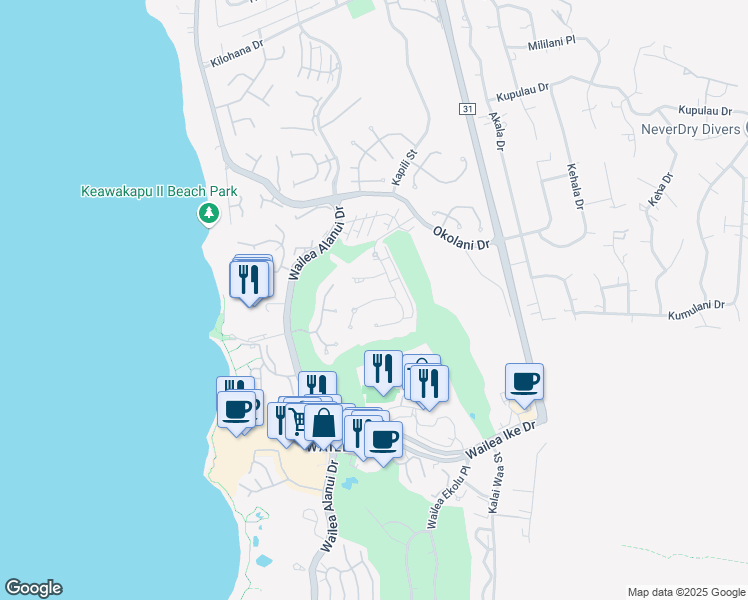 map of restaurants, bars, coffee shops, grocery stores, and more near 145 Kai la Place in Kihei