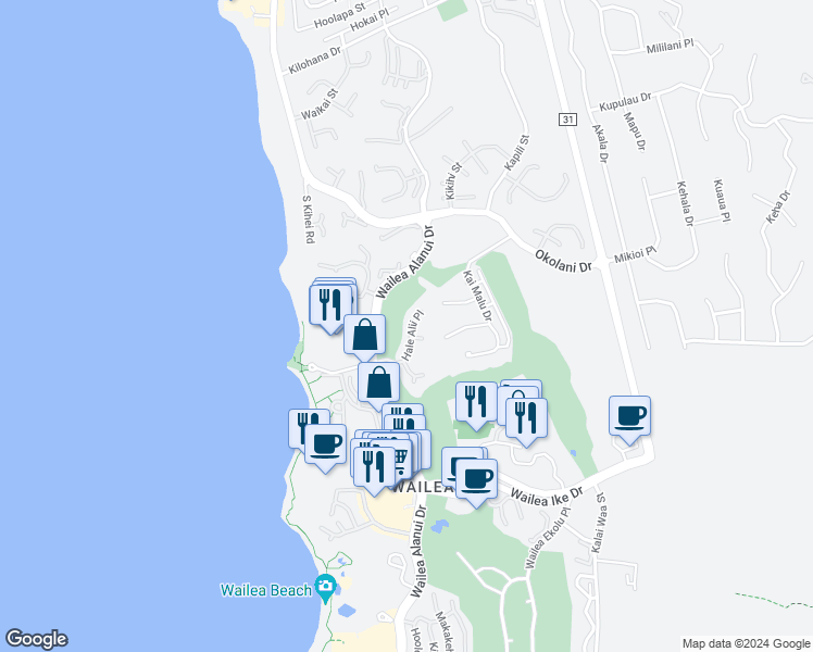 map of restaurants, bars, coffee shops, grocery stores, and more near 85 Hale Alii Place in Kihei