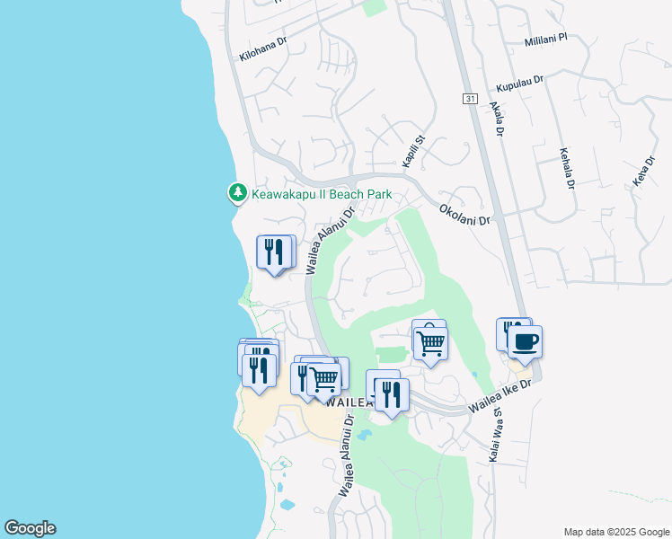 map of restaurants, bars, coffee shops, grocery stores, and more near 85 Hale Alii Place in Kihei