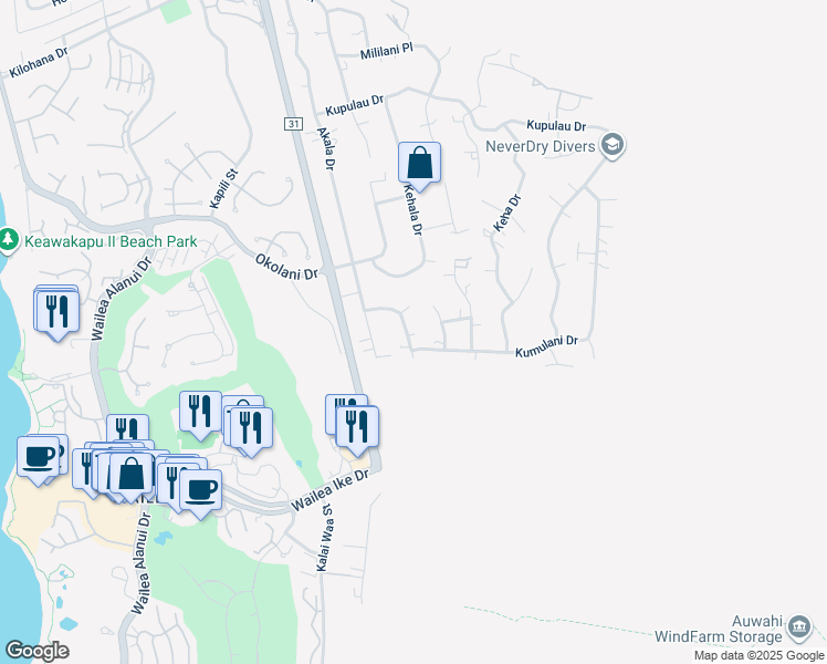 map of restaurants, bars, coffee shops, grocery stores, and more near 495 Hoala Drive in Kihei