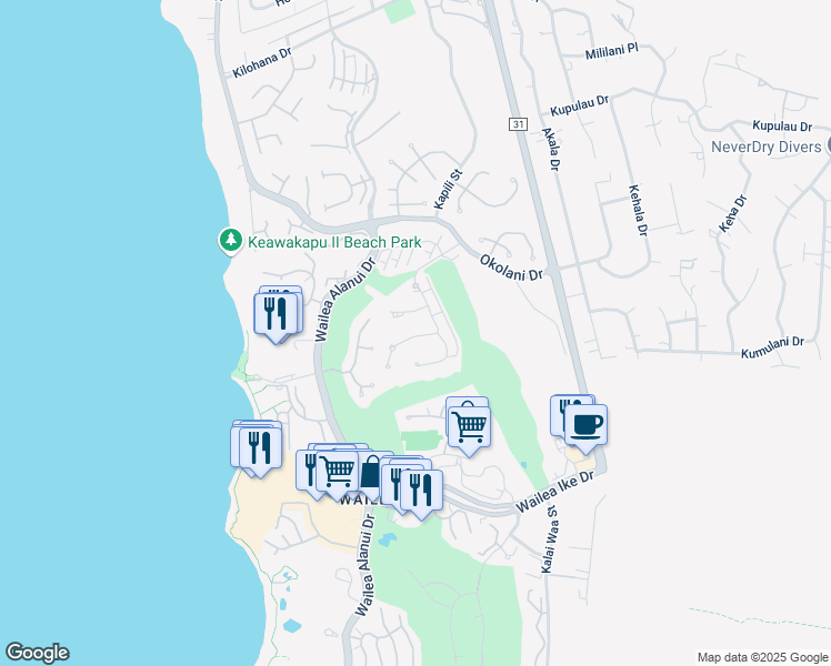 map of restaurants, bars, coffee shops, grocery stores, and more near 70 Kainui Loop in Kihei