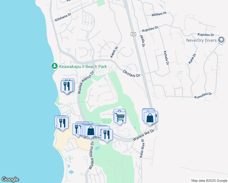 map of restaurants, bars, coffee shops, grocery stores, and more near 134 Kainui Loop in Kihei