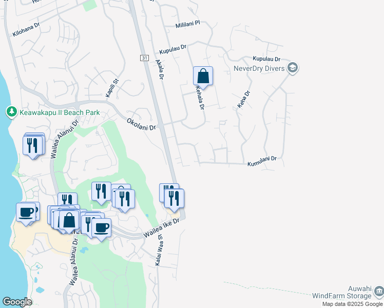 map of restaurants, bars, coffee shops, grocery stores, and more near 494 Hoala Drive in Kihei
