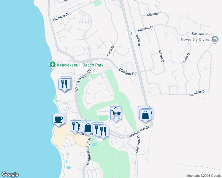 map of restaurants, bars, coffee shops, grocery stores, and more near 168 Kainui Loop in Kihei