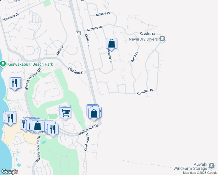 map of restaurants, bars, coffee shops, grocery stores, and more near 495 Hoala Drive in Kihei