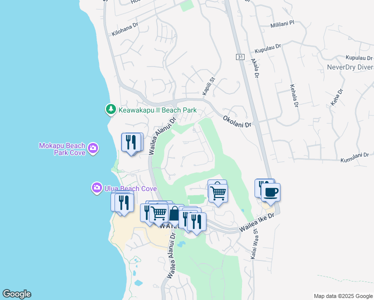 map of restaurants, bars, coffee shops, grocery stores, and more near 83 Kainehe Place in Kihei