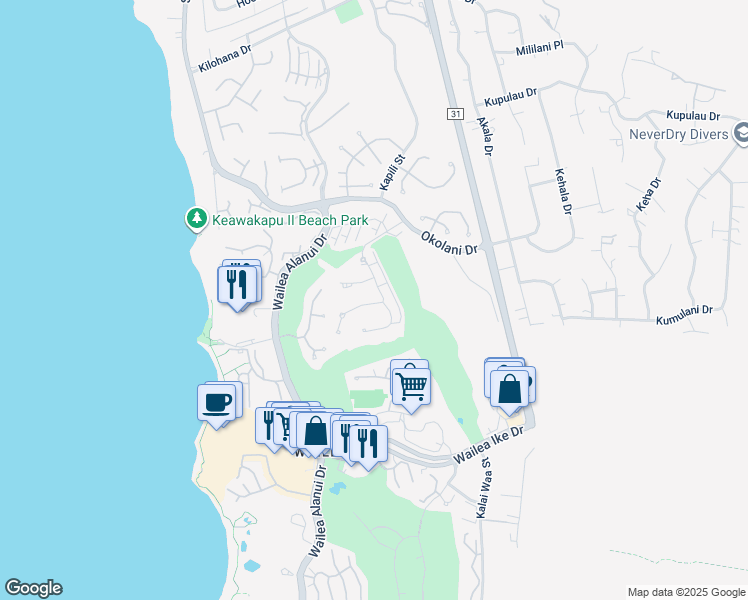 map of restaurants, bars, coffee shops, grocery stores, and more near 28 Kai la Place in Kihei