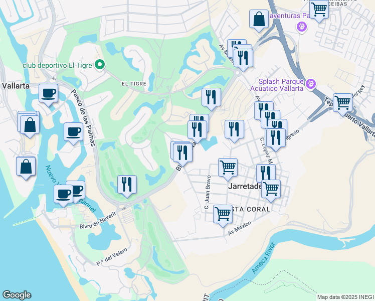 map of restaurants, bars, coffee shops, grocery stores, and more near Boulevard de Nayarit in Jarretaderas
