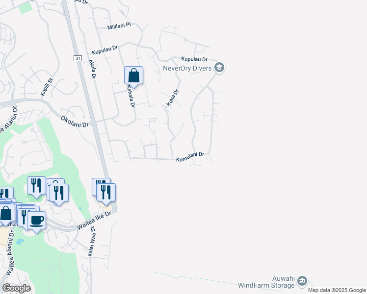 map of restaurants, bars, coffee shops, grocery stores, and more near 645A Kumulani Drive in Kihei
