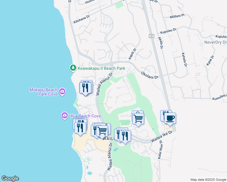 map of restaurants, bars, coffee shops, grocery stores, and more near 100 Hale Alii Place in Kihei