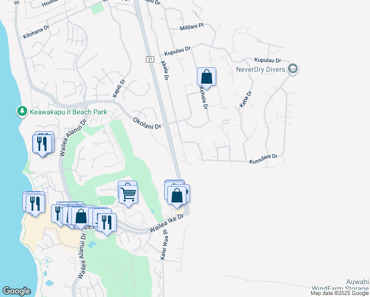 map of restaurants, bars, coffee shops, grocery stores, and more near 3505 Akala Drive in Kihei