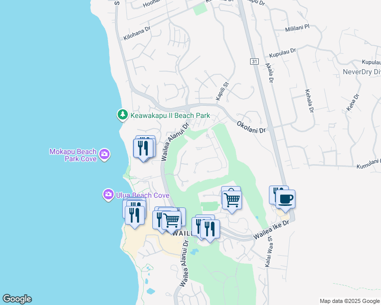 map of restaurants, bars, coffee shops, grocery stores, and more near 100 Hale Alii Place in Kihei