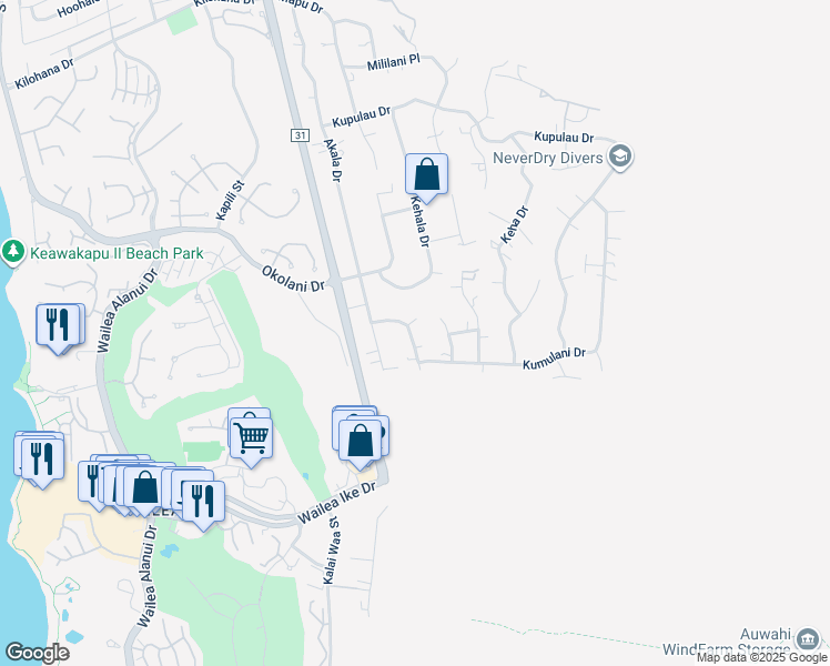 map of restaurants, bars, coffee shops, grocery stores, and more near 487 Hoala Drive in Kihei