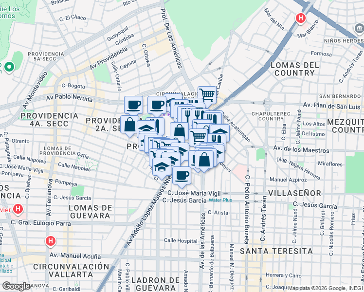 map of restaurants, bars, coffee shops, grocery stores, and more near 95 Avenida Adolfo López Mateos Norte in Guadalajara